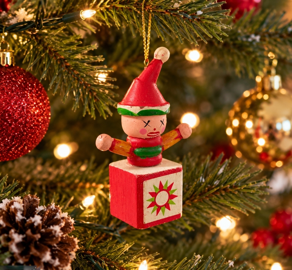 Vintage Wooden Jack In A Box Clown Christmas Ornament Red Green Collectible